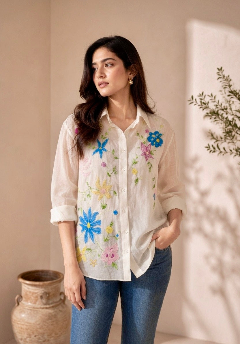 VIRELLE MUL CHANDERI EMBROIDERED SHIRT