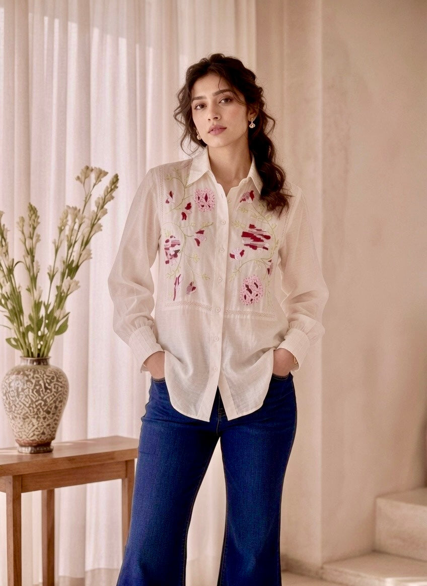 ROSALIE MUL CHANDERI EMBROIDERED SHIRT