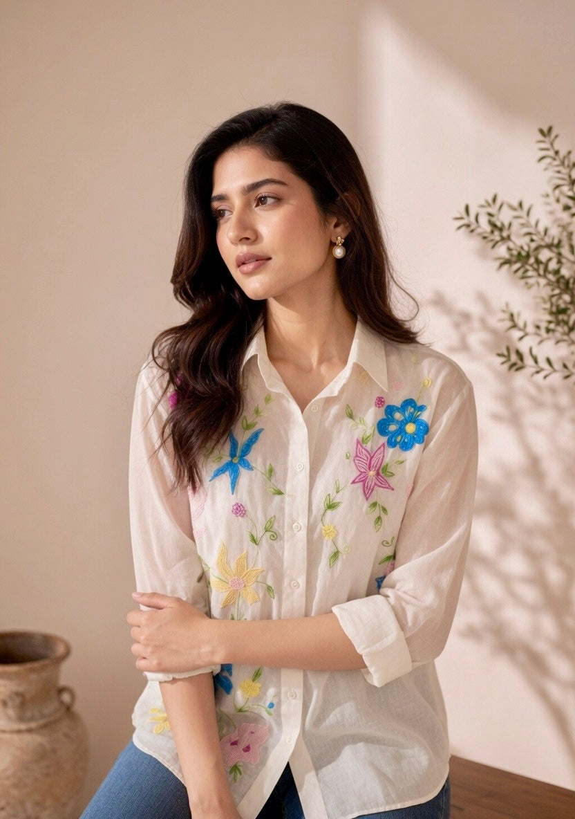 VIRELLE MUL CHANDERI EMBROIDERED SHIRT