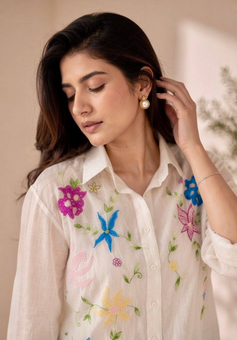 VIRELLE MUL CHANDERI EMBROIDERED SHIRT